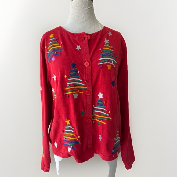 Vtg Michael Simon Lite Embroidered Xmas Knit Cardigan Top Sz XL Cotton 90s - Picture 1 of 6
